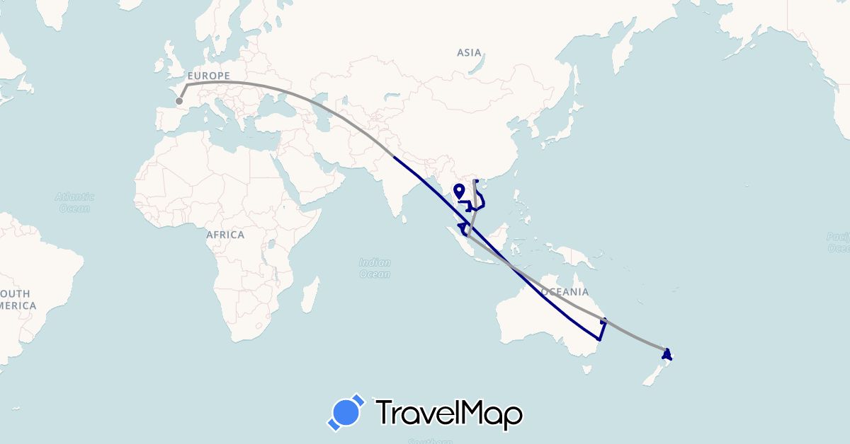 TravelMap itinerary: driving, bus, plane in Australia, France, India, Cambodia, Malaysia, New Zealand, Singapore, Thailand, Vietnam (Asia, Europe, Oceania)
